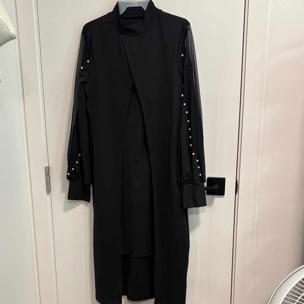 SHEIN Black Long Sleeve Midi Dress with Pearl-Embellished Sheer Sleeves